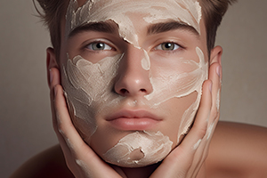 a man putting an hyaluronic acid mask on his face 