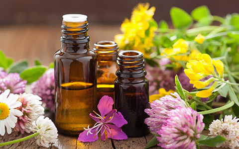 essential oils surrounded by medicinal flowers for aromatherapy